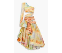 One-sleeve asymmetric cutout linen and silk-blend organza maxi dress - Yellow