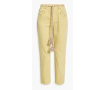 Cropped broderie anglaise-trimmed mid-rise tapered jeans - Yellow