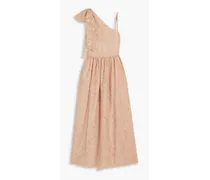 One-shoulder bow-embellished glittered tulle maxi dress - Pink