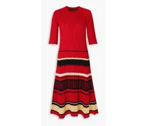 Striped ribbed cotton-blend midi dress - Red