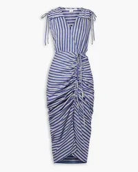 Veronica Beard Teagan wrap-effect ruched striped linen-blend midi dress - Blue Blue