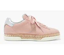 Perforated smooth and metallic leather sneakers - Pink