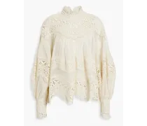 Postcard macramé lace-paneled linen and silk-blend voile blouse - White