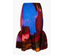 Fluted shirred printed cotton-voile skirt - Blue