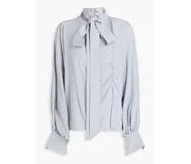 Pussy-bow cutout silk crepe de chine blouse - Gray