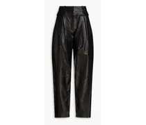 Pleated leather tapered pants - Black