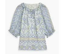 Moneta gathered printed silk-georgette blouse - Blue