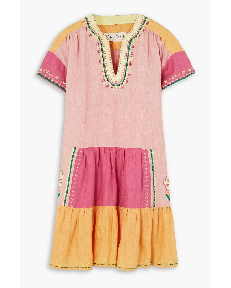 Saloni Ashley tiered embroidered linen mini dress - Pink Pink