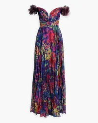 Marchesa Off-the-shoulder pleated floral-print chiffon gown - Blue Blue