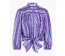 Tie-detailed printed sail-satin shirt - Purple