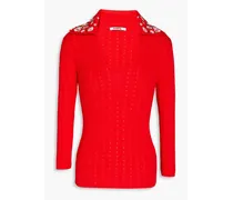 Embroidered pointelle-knit cotton polo sweater - Red