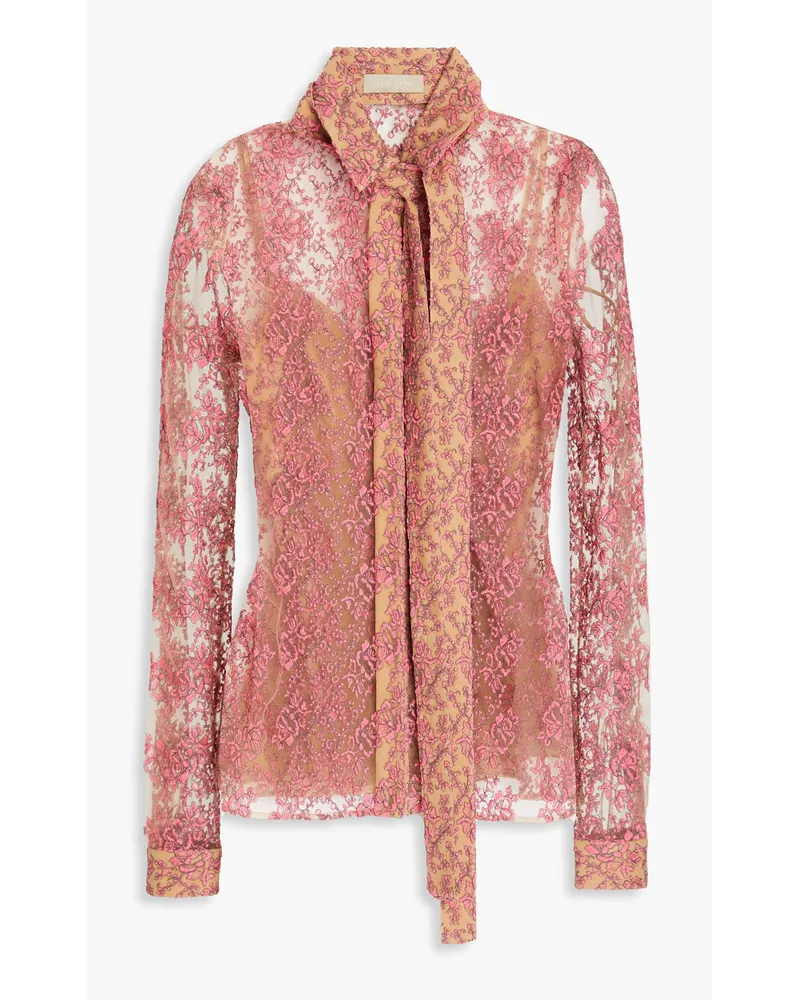 Elie Saab Pussy-bow embroidered tulle blouse - Pink Pink