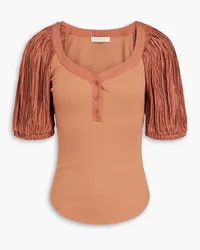 Ulla Johnson Marika plissé-woven and ribbed stretch cotton and modal-blend jersey top - Brown Brown