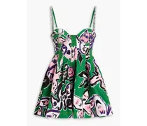 Pleated floral-print cotton-twill mini dress - Green