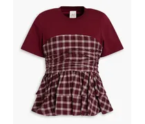 Vica stretch-cotton jersey-paneled checked woven top - Burgundy
