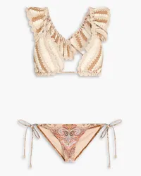 Zimmermann Striped crochet-knit and paisley-print triangle bikini - Brown Brown