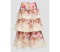 Tiered floral-print linen and silk-blend gauze midi skirt - White