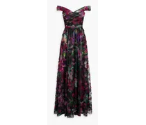 Off-the-shoulder floral-print embroidered tulle gown - Purple