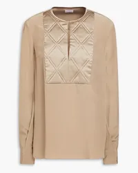 Brunello Cucinelli Quilted satin-paneled silk crepe de chine blouse - Neutral Neutral