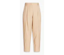 Cropped bead-embellished twill tapered pants - Neutral