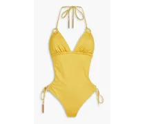Ring-embellished halterneck swimsuit - Yellow