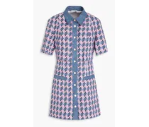 Denim-trimmed tweed mini shirt dress - Blue