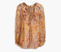 Lace-up paisley-print silk-crepon blouse - Brown