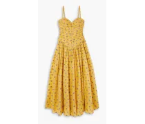 Pleated embroidered cotton-voile midi dress - Yellow