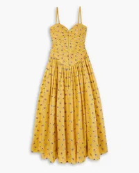 Tory Burch Pleated embroidered cotton-voile midi dress - Yellow Yellow