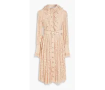 Belted embellished lace midi shirt dress - Pink