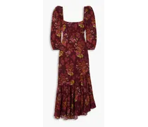 Asymmetric floral-print cotton-blend midi dress - Burgundy