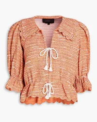 Maje Cropped tie-detailed gathered tweed top - Orange Orange