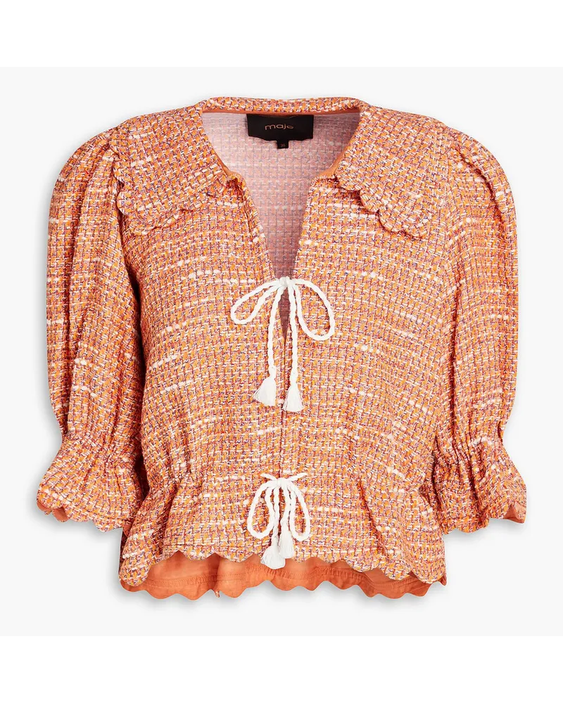 Maje Cropped tie-detailed gathered tweed top - Orange Orange