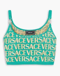 Versace Cropped embellished jacquard-knit cotton-blend top - Blue Blue