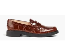 Croc-effect leather loafers - Brown