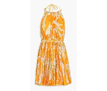 Pleated printed georgette halterneck mini dress - Orange