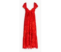 Gathered guipure lace and crepe de chine gown - Orange