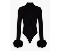 Feather-embellished cutout wool-blend bodysuit - Black
