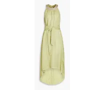 Embellished belted slub linen midi dress - Green