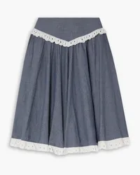 BATSHEVA Broderie anglaise-trimmed gathered cotton-chambray skirt - Blue Blue