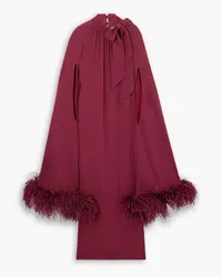 Huishan Zhang Willhemina cape-effect feather-trimmed crepe gown - Burgundy Burgundy