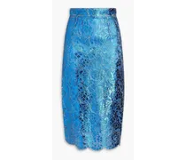 Metallic coated corded lace midi pencil skirt - Blue
