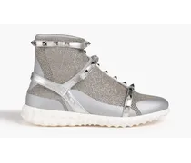 Rockstud metallic leather and stretch-knit high-top sneakers - Metallic