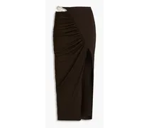 Dorette chain-trimmed ruched jersey midi skirt - Brown