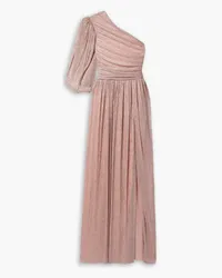 COSTARELLOS Morgan one-sleeve gathered plissé-lamé gown - Pink Pink