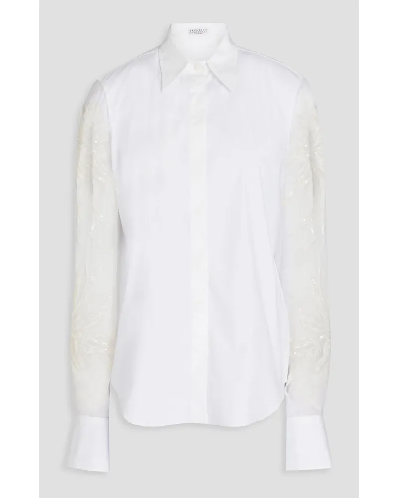 Brunello Cucinelli Sequin-embellished cotton-poplin and organza shirt - White White