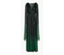 Cape-effect embellished tulle gown - Green