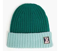 Two-tone ribbed merino wool and cashmere-blend beanie - Green