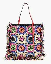 RED Valentino Fringed crochet, canvas and faux raffia tote - Black Black