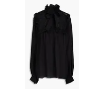 Corded lace-paneled silk-blend crepe de chine blouse - Black